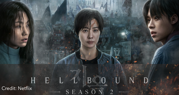 Jung Jinsu and Park Jungja from Hellbound Season 2 standing amid chaos.