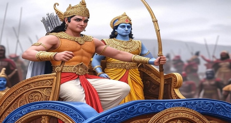 Arjuna and Krishna on the battlefield of Kurukshetra, symbolizing spiritual guidance and inner conflict resolution.