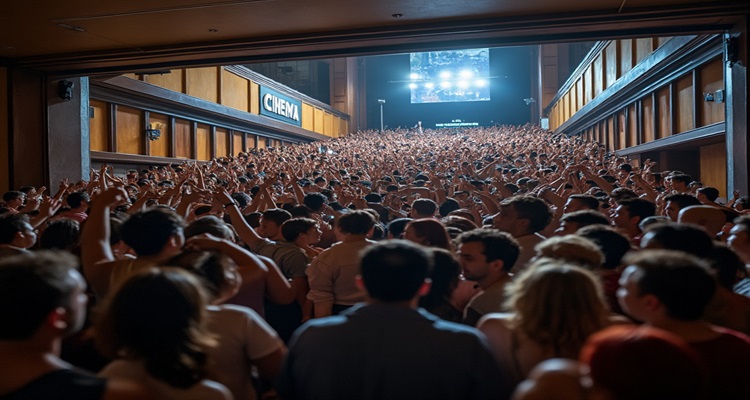 A crowded cinema entrance with fans clamoring for entry, reflecting the chaos of a stampede, alongside a somber focus on the aftermath of loss and resilience.