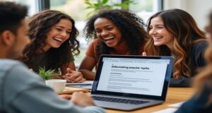 Young people discussing myths with a laptop displaying a debunking website.