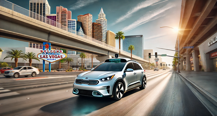 Driverless Kia e-Niro from Vay in Las Vegas, showcasing teleoperations technology.
