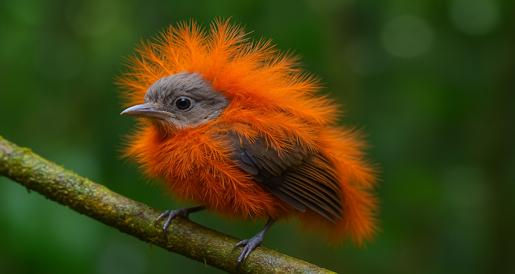 A cinereous mourner chick in the Amazon mimicking a venomous caterpillar with orange fuzz and jerky movements.