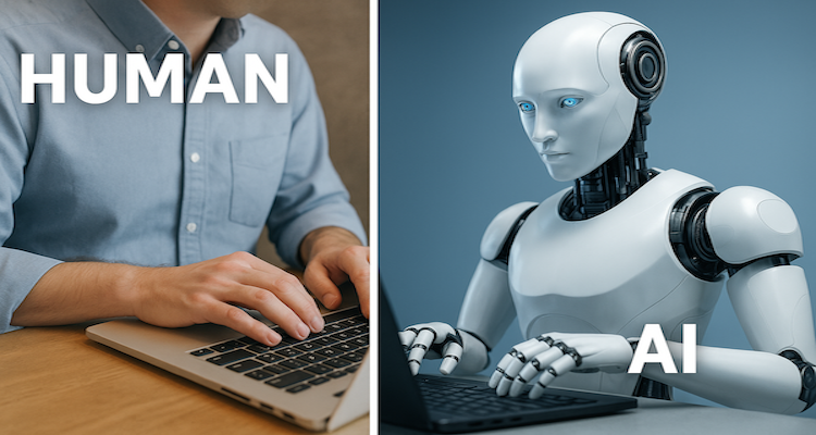 Human and AI creating content side by side, symbolizing content origin ambiguity