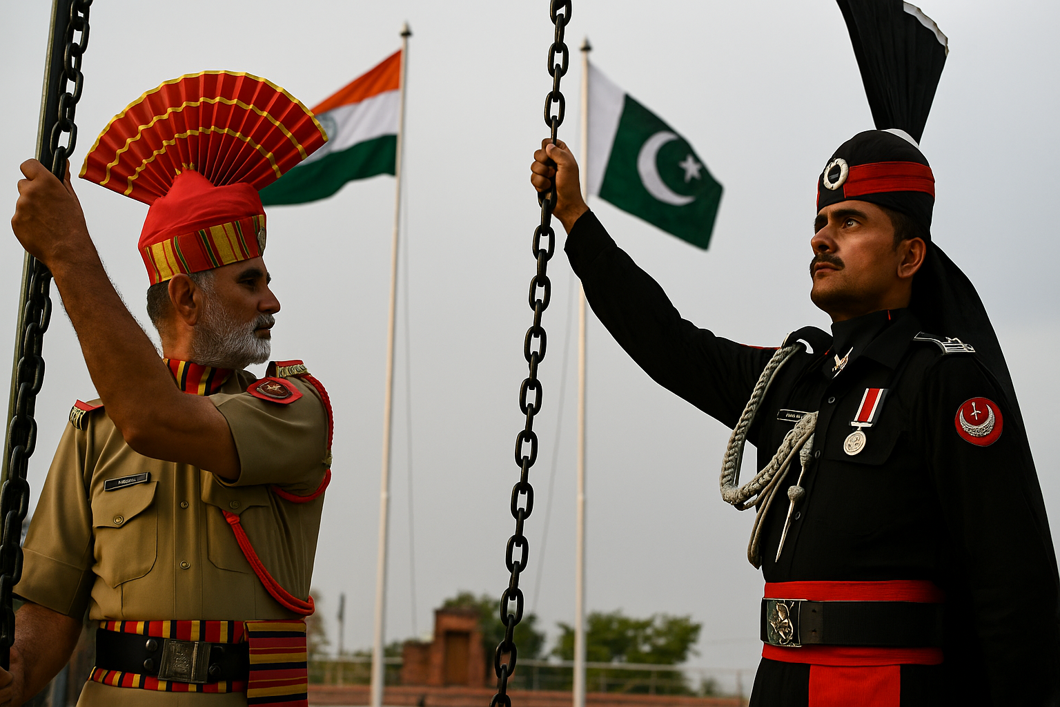 Border soldiers from India and Pakistan during a flag-lowering ceremony at Wagah, representing regional tensions.