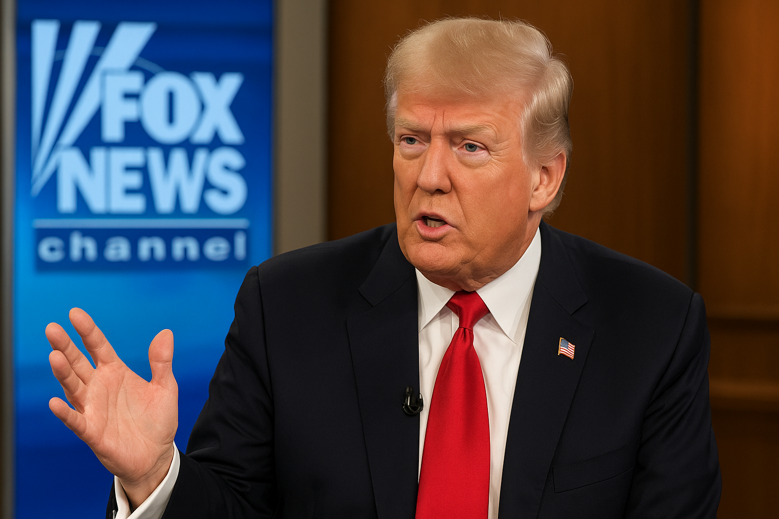 Donald Trump during a Fox News interview, gesturing while speaking about global trade.