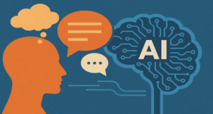 Illustration of AI brain intersecting with human thought and communication.