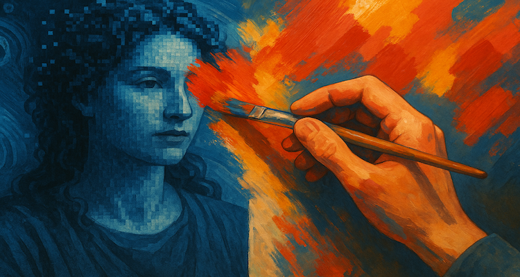 Illustration of a human hand painting over a digital image generated by artificial intelligence