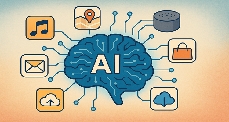 Illustration of an AI brain surrounded by common apps like music, maps, and shopping