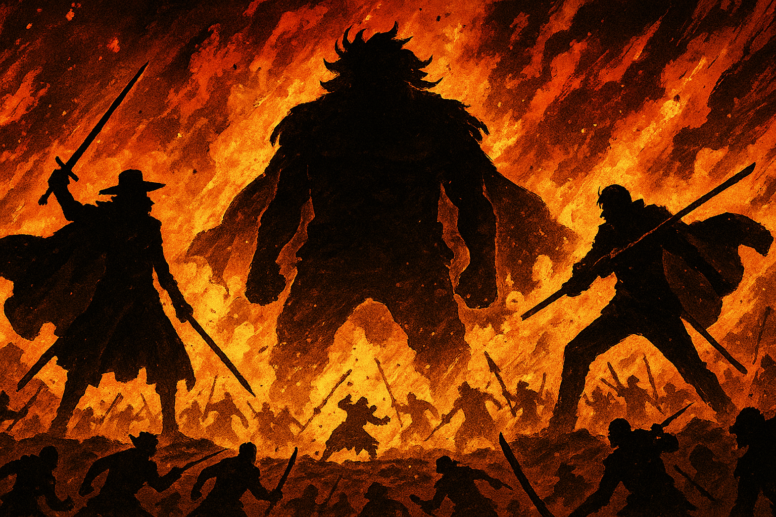 A dramatic illustration showing the chaos of the God Valley battlefield, with silhouettes of Gol D. Roger, Garp, and Rocks D. Xebec clashing.