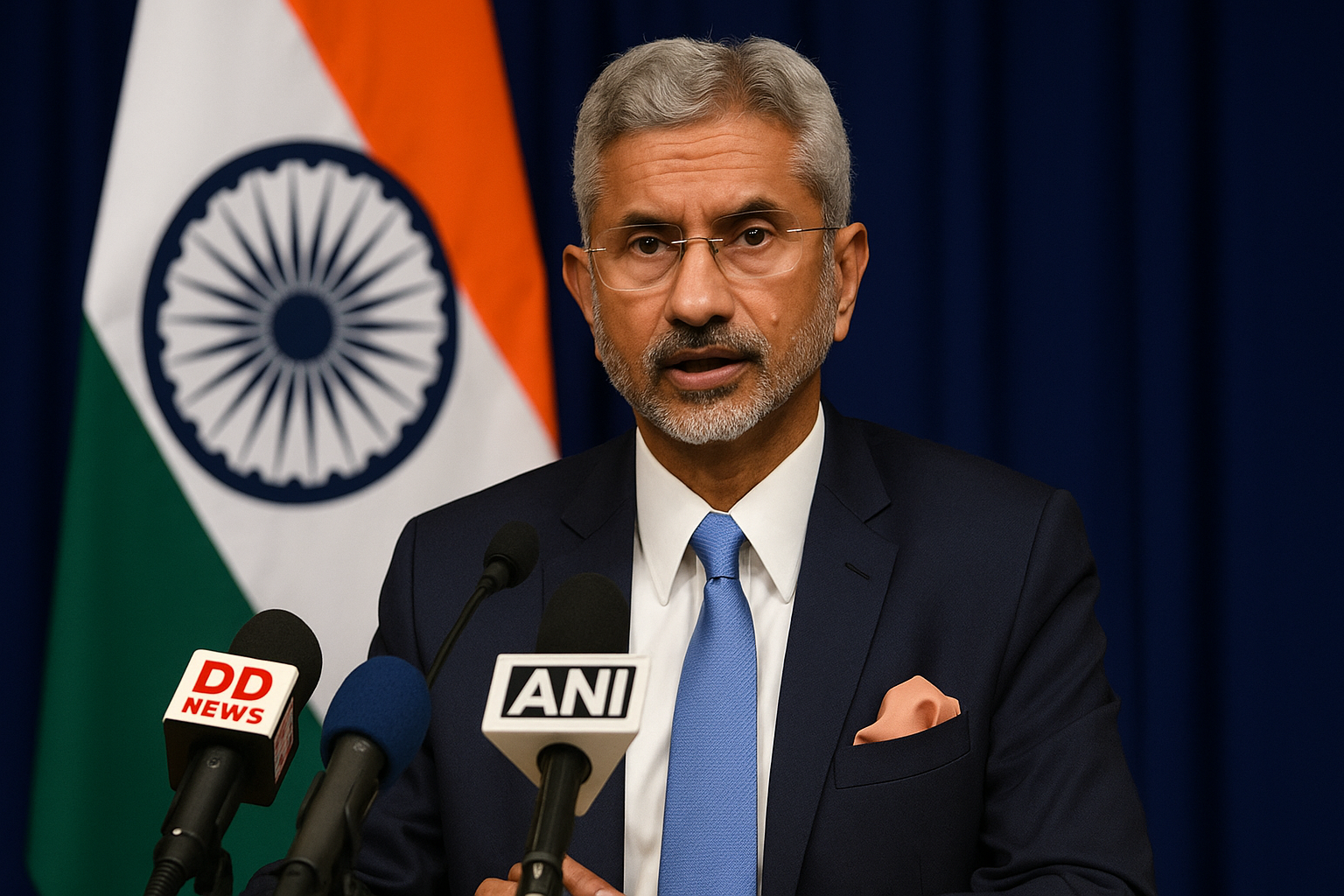 Indian External Affairs Minister S. Jaishankar addressing reporters at a press briefing.