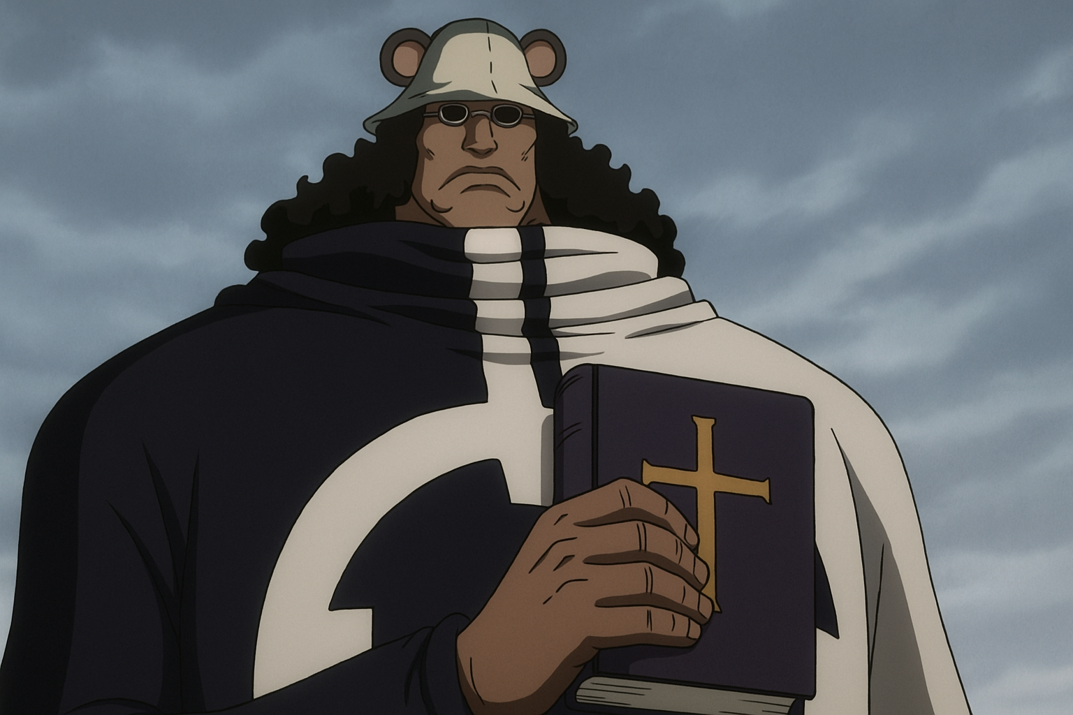 Bartholomew Kuma standing solemnly in a flashback, hinting at his tragic backstory and pivotal role in the God Valley Incident.
