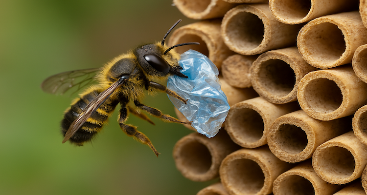 Leafcutter bee returning to nest carrying a piece of plastic bag