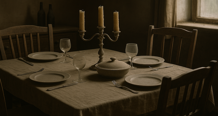 Abandoned dinner table fully set in empty home
