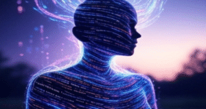 Code flowing over a human silhouette