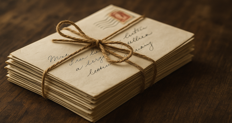 Stack of handwritten letters tied with twine on a wooden table, evoking nostalgia and mystery