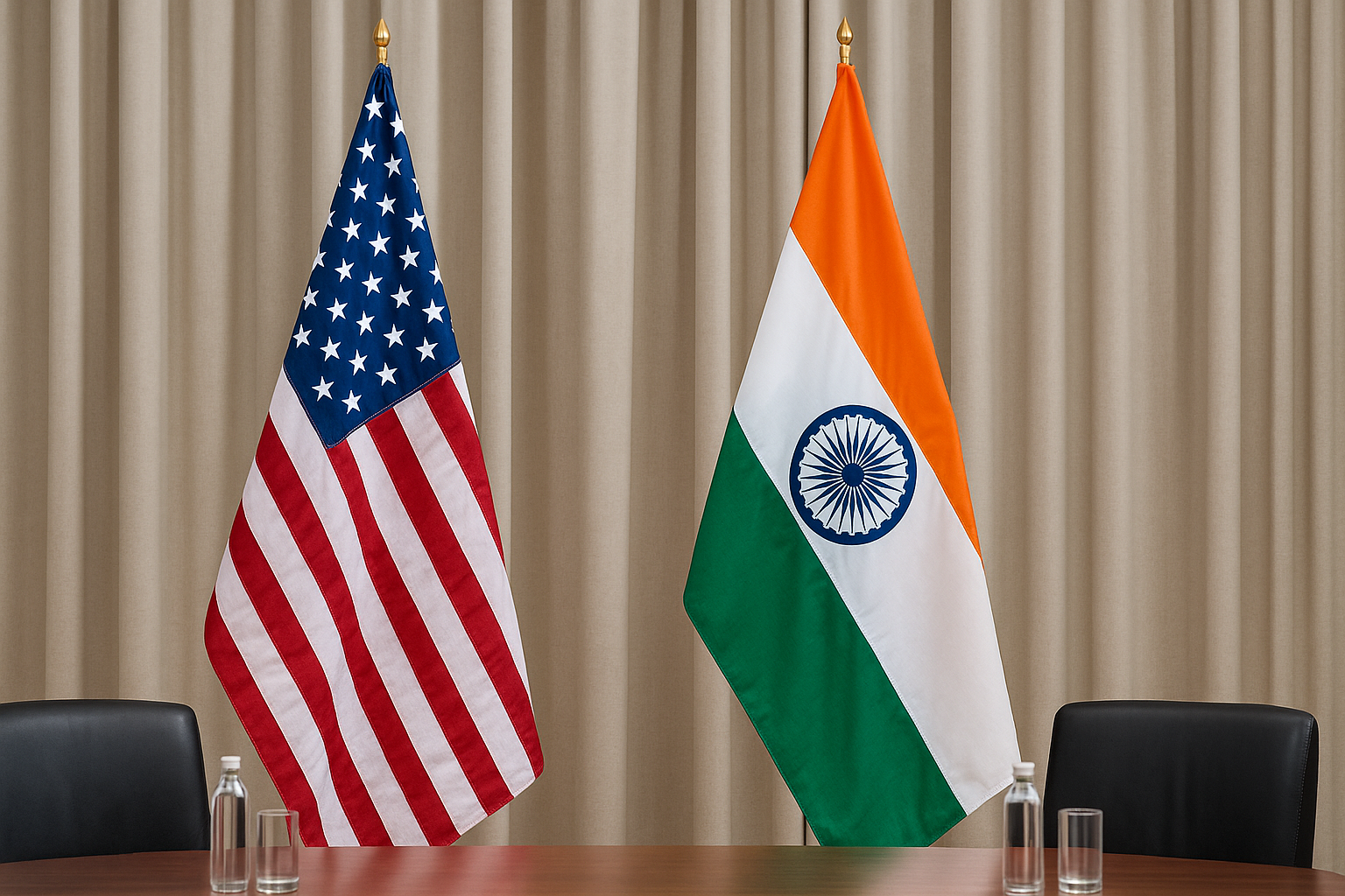 U.S. and Indian flags at a diplomatic meeting, symbolizing ongoing trade negotiations.
