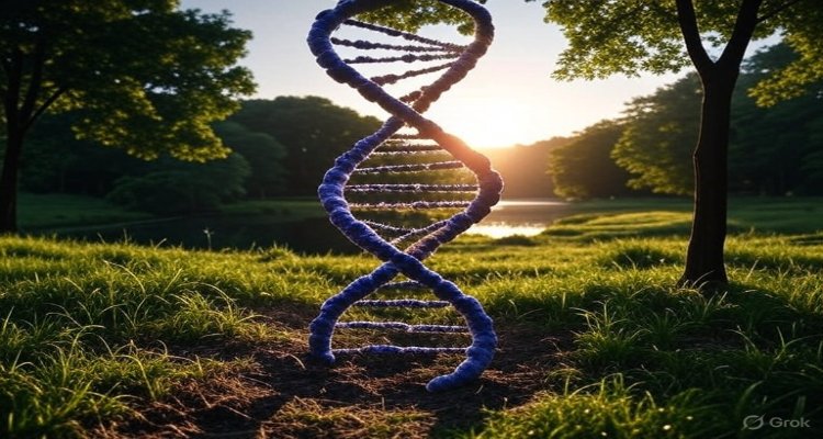 : 3D illustration of DNA double helix with glowing elements, symbolizing anti-aging science and cellular rejuvenation.