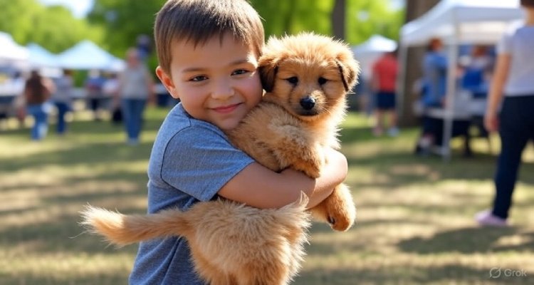 A child hugs a rescue puppy at a community adoption event — one of many moments that touched hearts today.