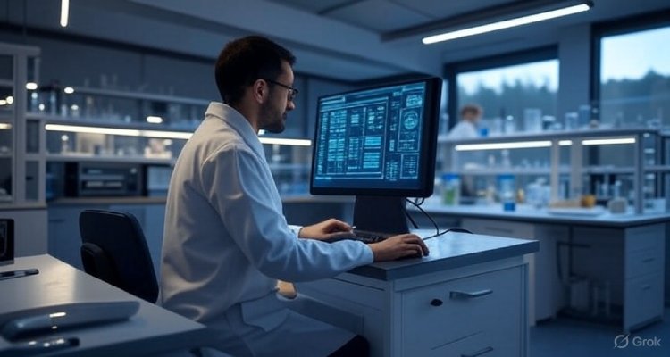 Researchers in a modern science lab analyzing data on high-tech equipment