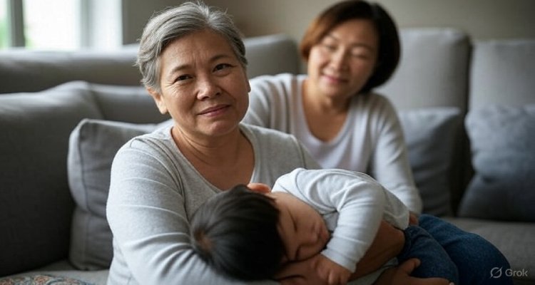 Middle-aged woman juggling caregiving for elderly parent and child at home.