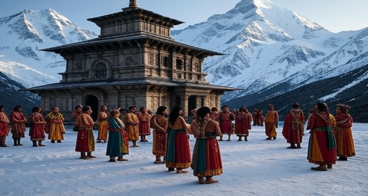 A serene Buddhist monastery nestled in the Himalayas juxtaposed with an Amazonian tribal gathering—two cultural worlds rooted in nature.