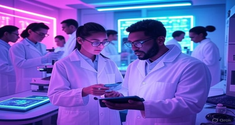 Illustration of modern scientists working across disciplines—from astronomy to genetics—driving tomorrow’s breakthroughs today.