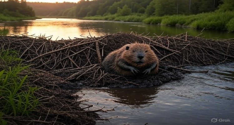 “Beaver lodge surrounded by still water in forest