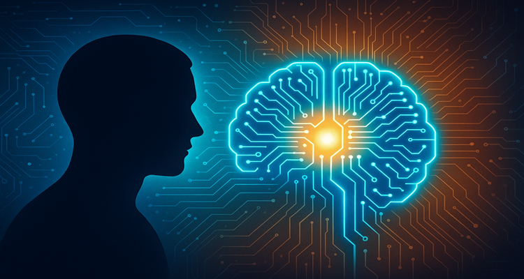 Illustration of a human silhouette facing a glowing AI brain composed of digital circuits,
