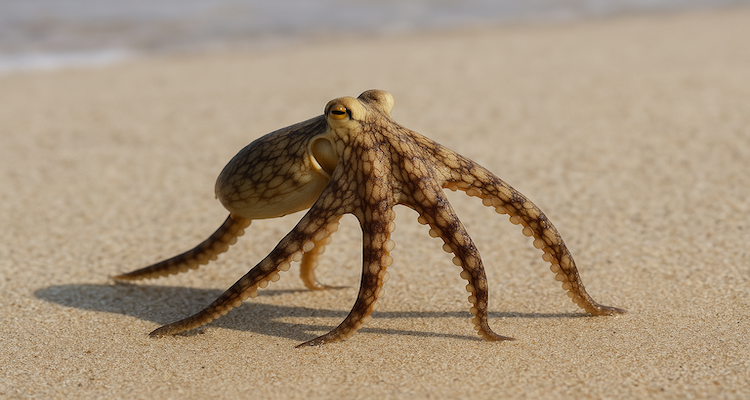 A veined octopus walking across a sandy beach with two arms lifted like legs, moments before disappearing into the sand.