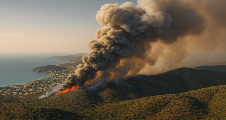Aerial view of thick smoke rising over coastal hills near Palaia Fokaia.