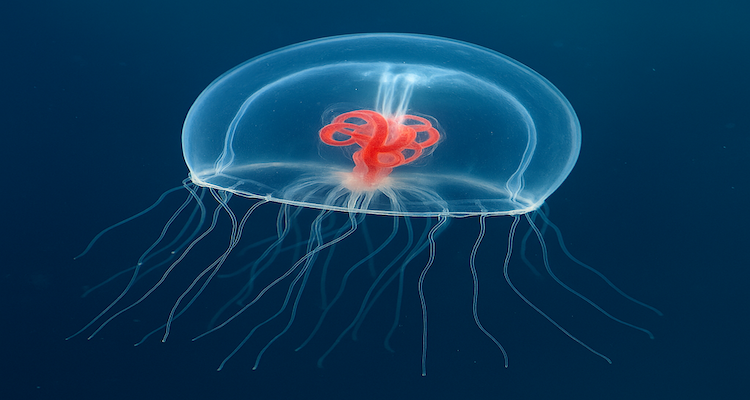 Close-up of Turritopsis dohrnii jellyfish in clear blue water