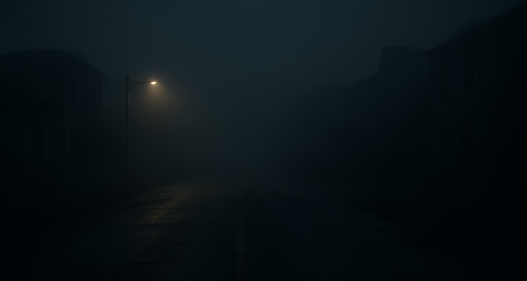 Foggy abandoned road leading into a mysterious, shadowy town