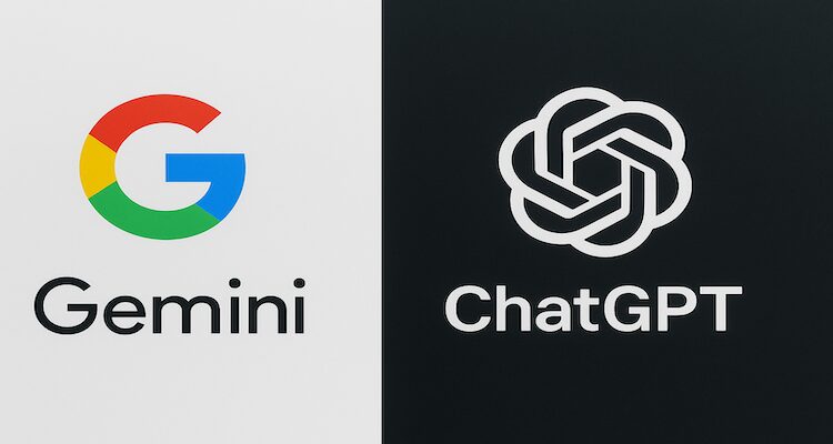 Google Gemini and OpenAI ChatGPT logos side by side, symbolizing the AI race.