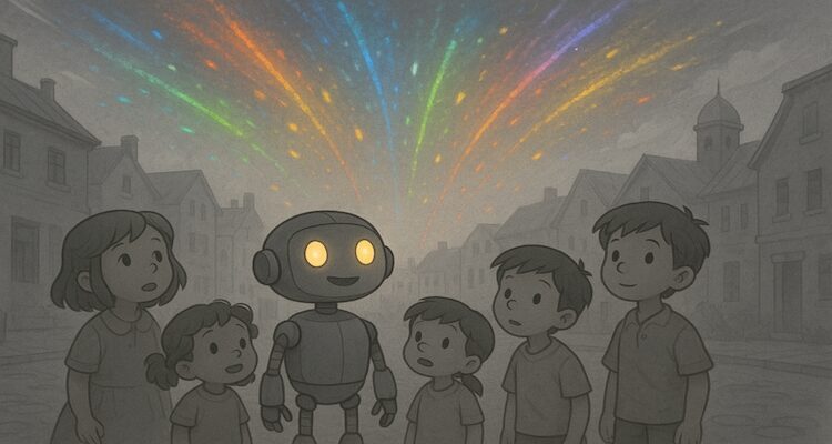 small friendly robot with glowing eyes.