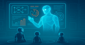 Illustration of an AI teacher instructing AI students in a virtual learning environment