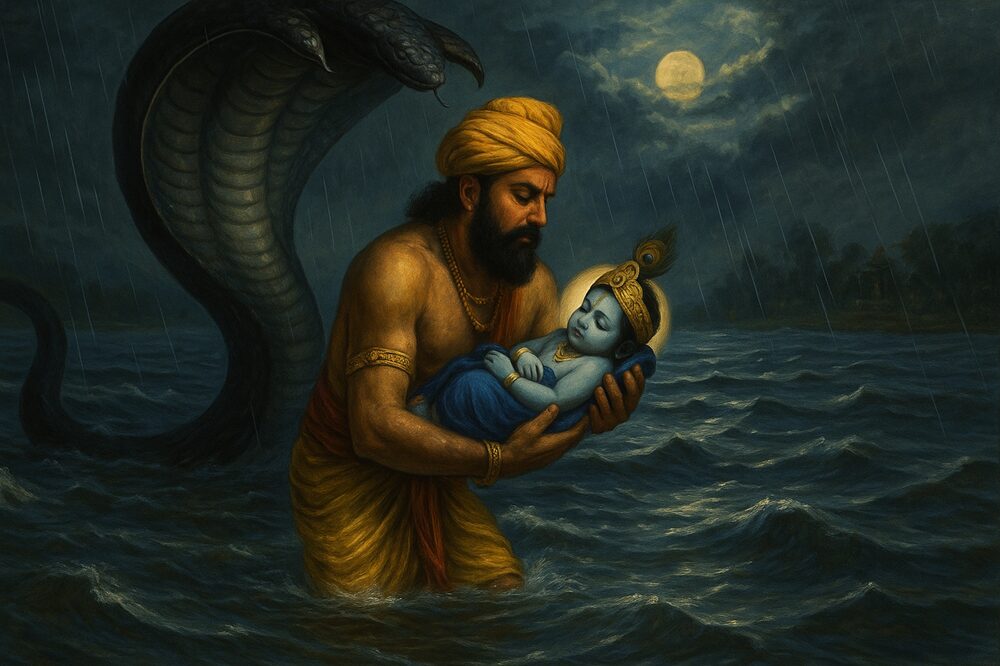 Vasudeva carried krishna across the Yamuna River
