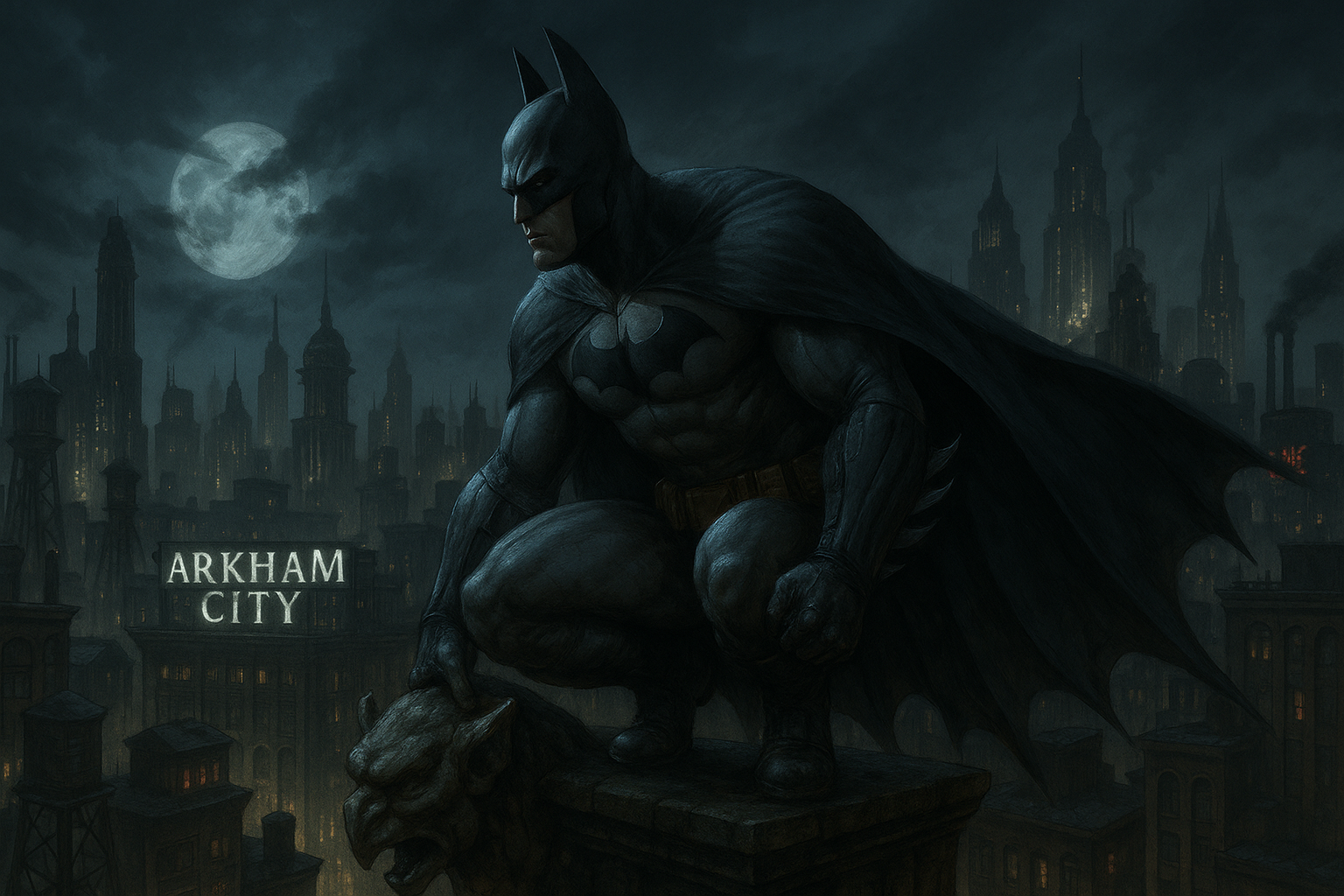 Batman perched above Arkham City skyline in Batman: Arkham City