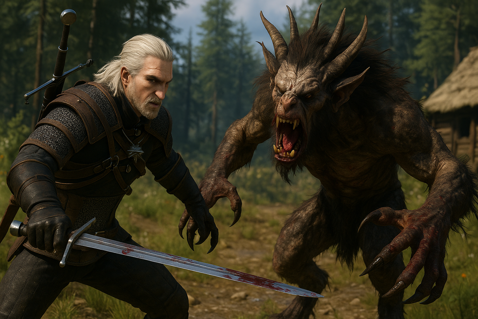 Geralt of Rivia battling a monster in The Witcher 3: Wild Hunt