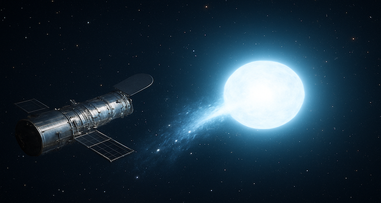 Hubble Space Telescope capturing a white dwarf star consuming fragments of a Pluto-like icy world.