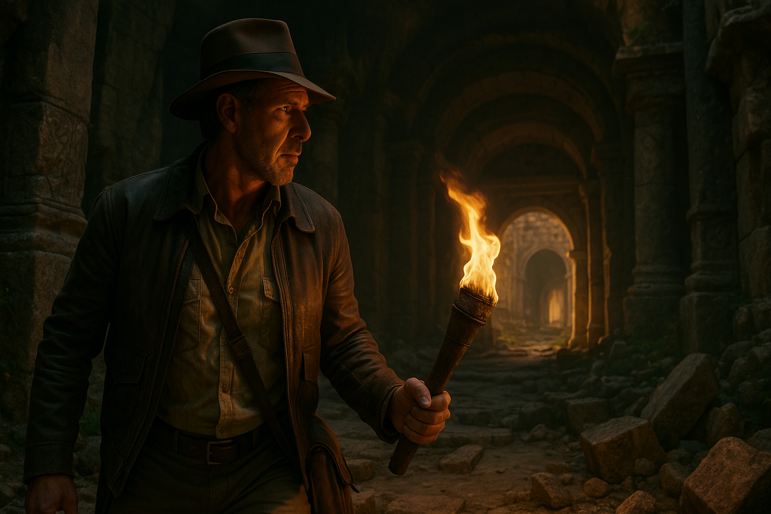 Indiana Jones exploring ancient ruins in The Great Circle