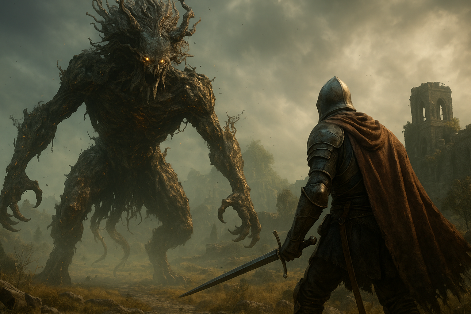 Tarnished warrior facing a massive boss in Elden Ring