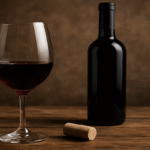 A glass of red wine on a wooden table symbolizing moderation
