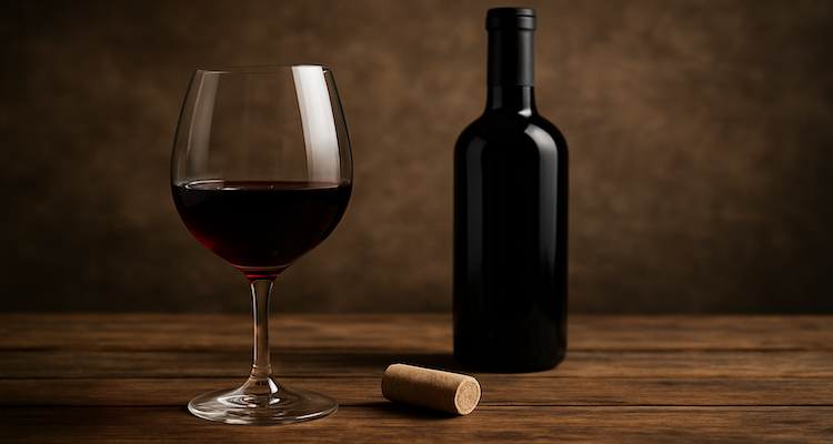A glass of red wine on a wooden table symbolizing moderation