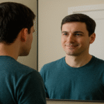 A person looking into a mirror with two reflections