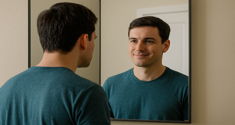 A person looking into a mirror with two reflections