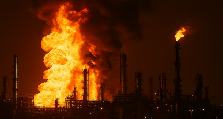 Flames from Chevron’s El Segundo refinery fire light up the night sky over Los Angeles