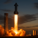 SpaceX Starship rocket launching from Starbase, Texas, with a plume of fire lighting the evening sky