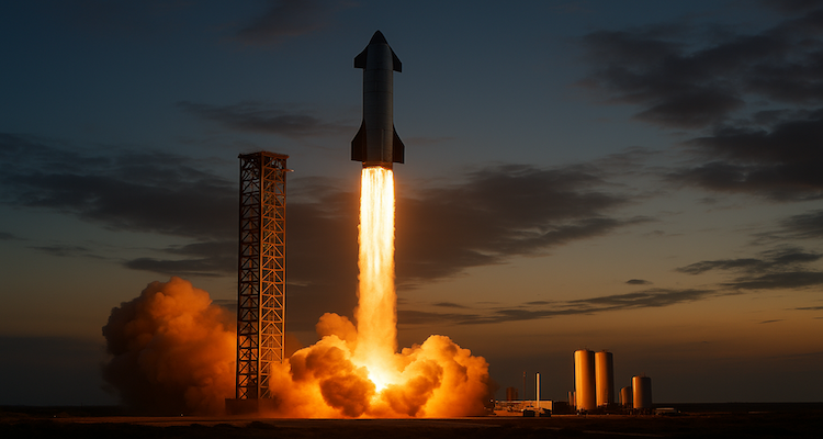 SpaceX Starship rocket launching from Starbase, Texas, with a plume of fire lighting the evening sky