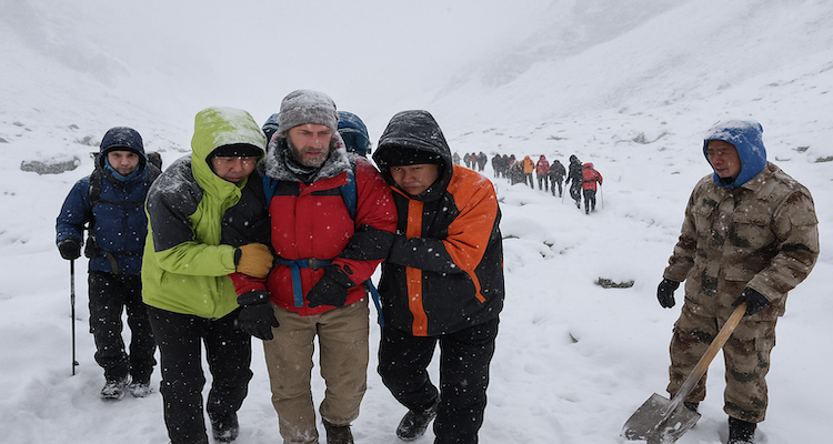 Trekkers being rescued in Tibet’s Karma Valley after a heavy blizzard near Mount Everest.