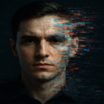AI-generated digital face glitching, symbolizing deepfake cyber threats